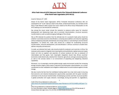 Africa Trade Network (ATN) Statement Ahead of the Thirteenth Ministerial Conference of the World Trade Organization (WTO MC13)