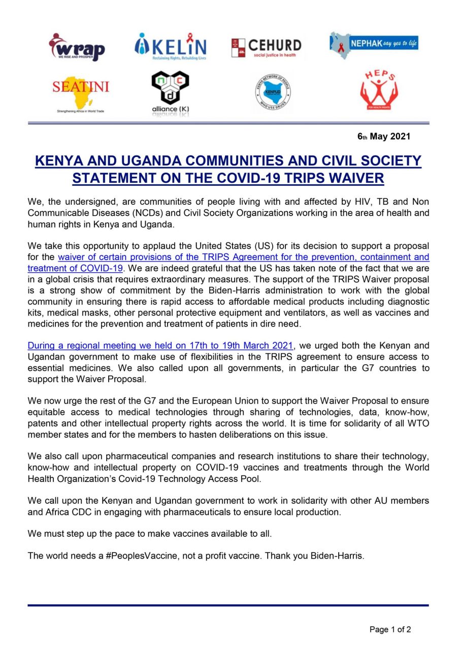 KENYA AND UGANDA COMMUNITIES AND CIVIL SOCIETY STATEMENT ON THE COVID-19 TRIPS WAIVER