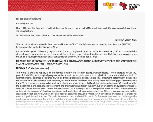 Submission to Ad Hoc Committee on UN Framework Convention on International Tax Cooperation