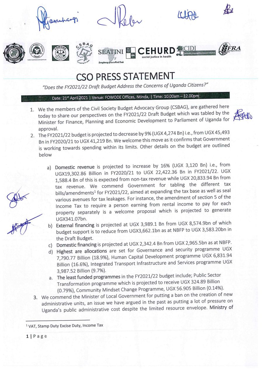 CSO PRESS STATEMENT ON THE DRAFT NATIONAL BUDGET FOR FY 2021/22