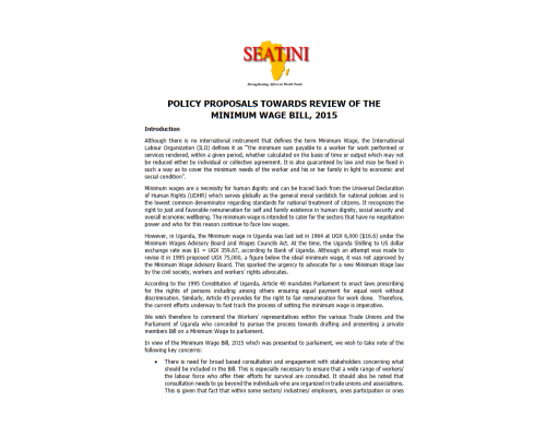 SEATINI Position paper on the Minimum Wage Bill, 2015